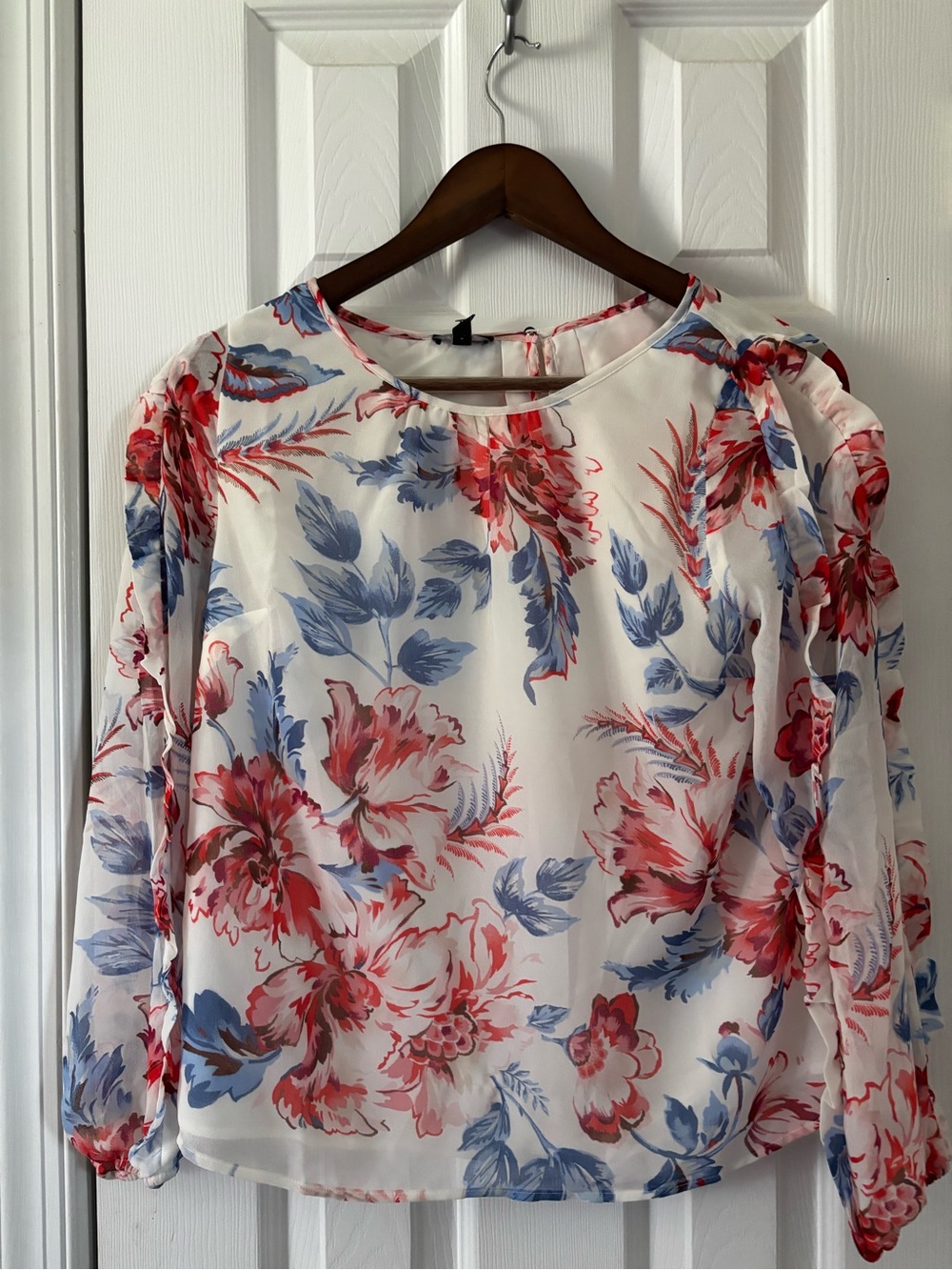Talbots White Floral Blouse with Red & Blue Blooms